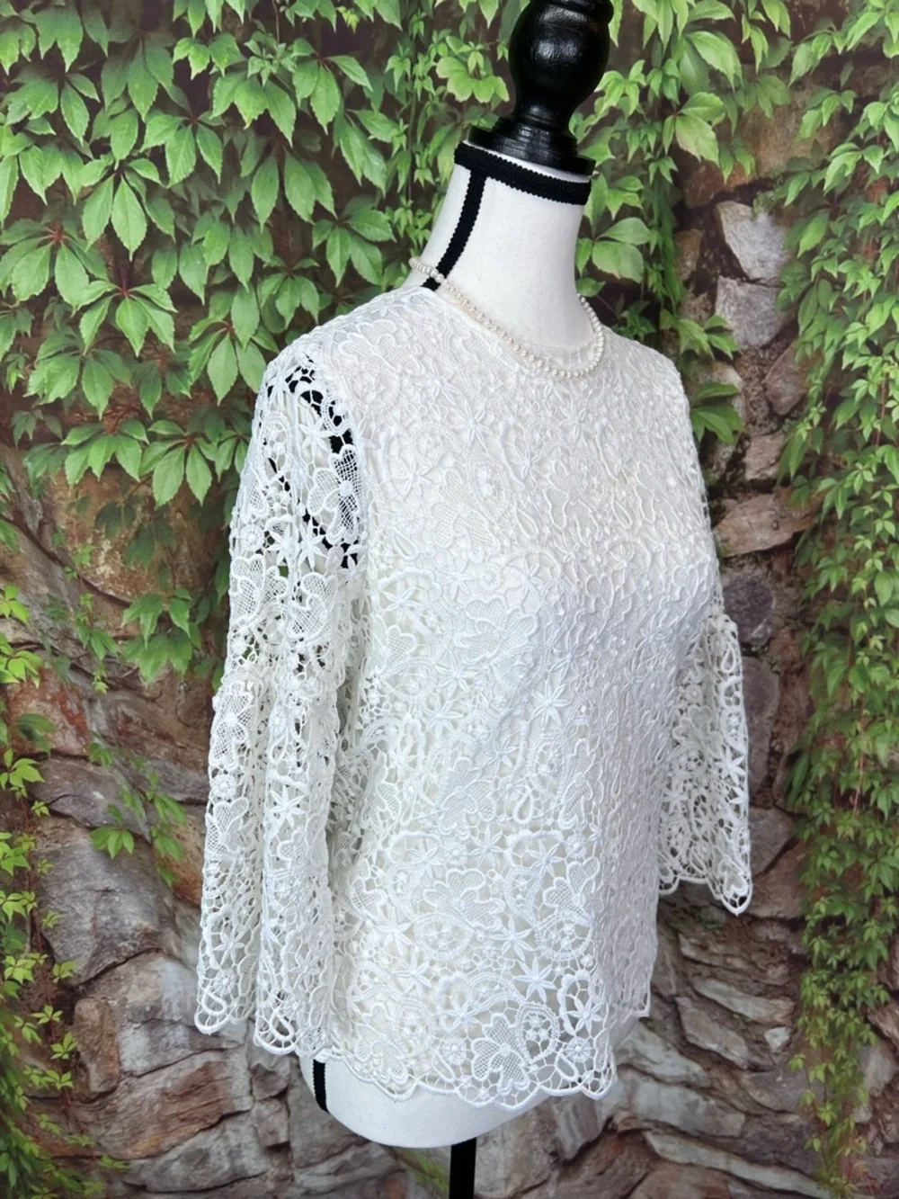 NWT ZARA Cottagecore Crewneck White Lace Bell Sleeve Blouse, XS